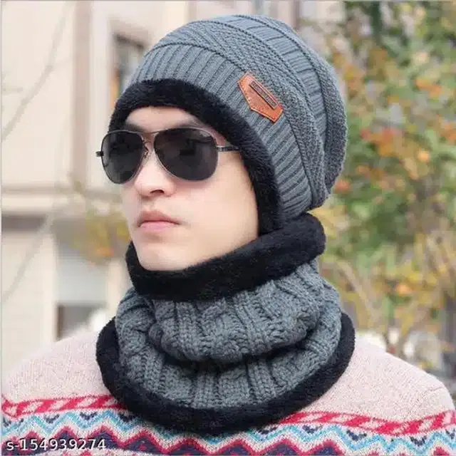 Woolen Beanie Cap with Neck Scarf for Men & Women (Grey & Black, Set of 1)