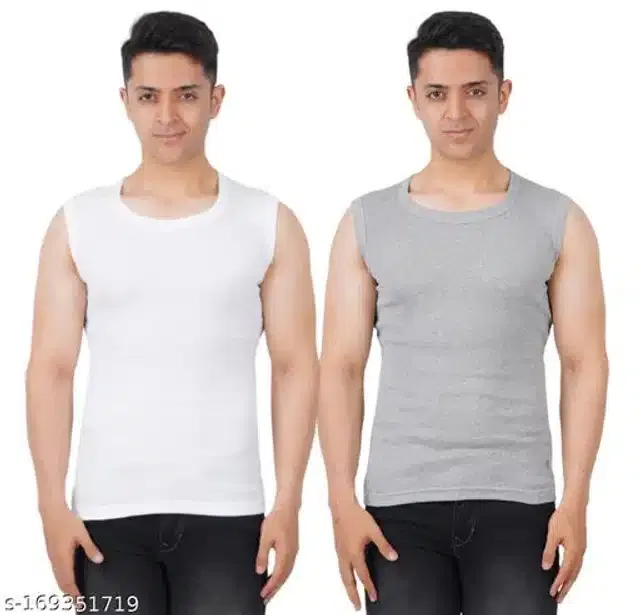 Gym Vests for Men (White & Grey, L) (Pack of 2)