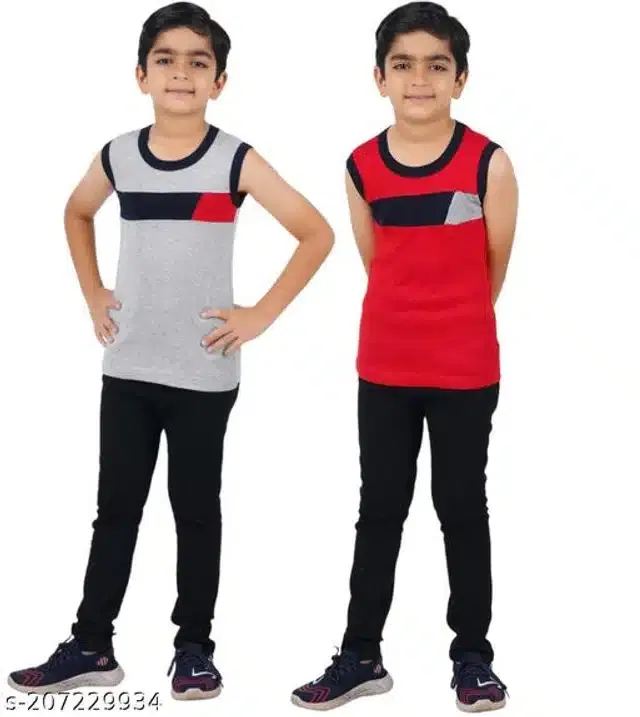 Cotton Vest for Boys (Grey & Red, 5-6 Years) (Pack of 2)