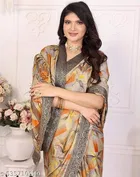 Tussar Silk Printed Saree for Women, Yellow 