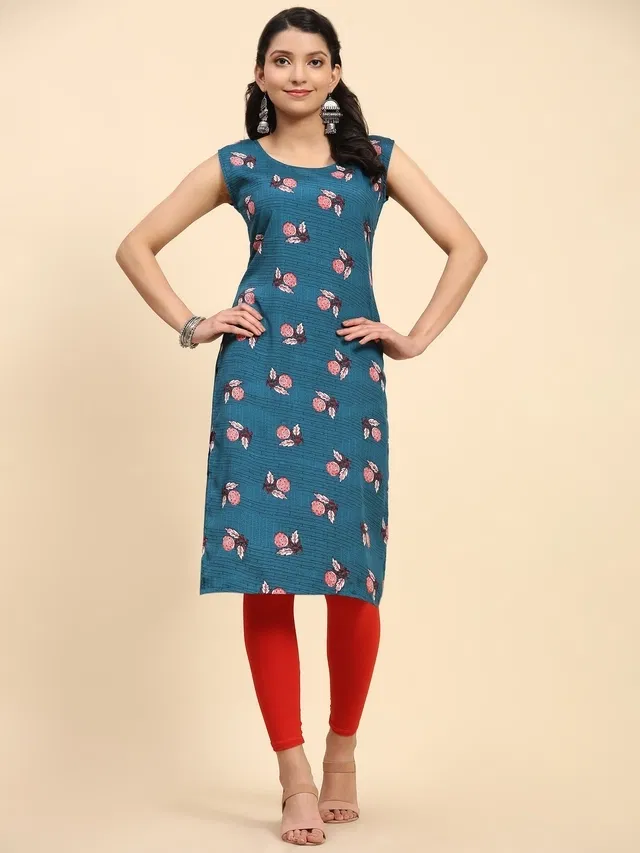 Crepe Printed Kurti for Women (Teal, XXL)