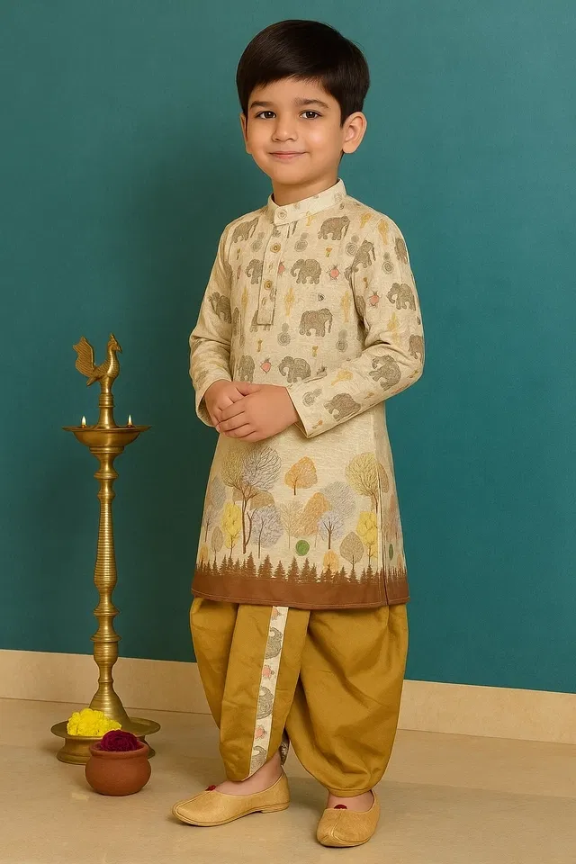 Cotton Blend Printed Kurta with Dhoti for Boys, Brown & Golden (3-4 Years)