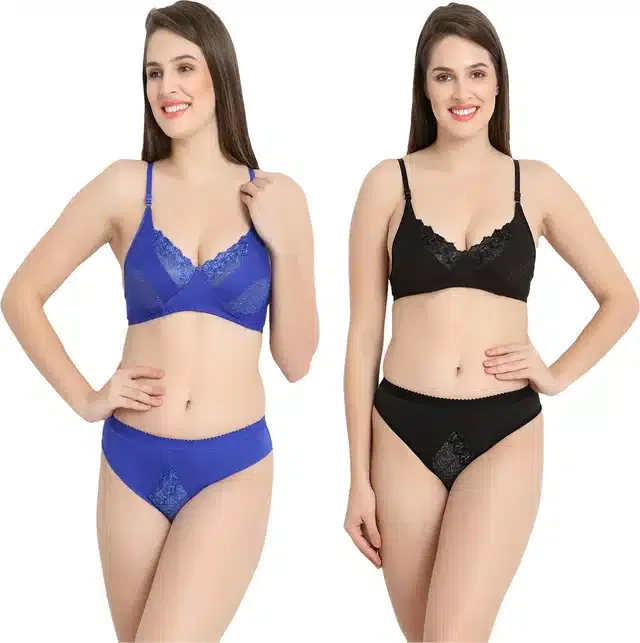 Silk Blend Lingerie Set for Women (Blue & Black, 34) (Set of 2)