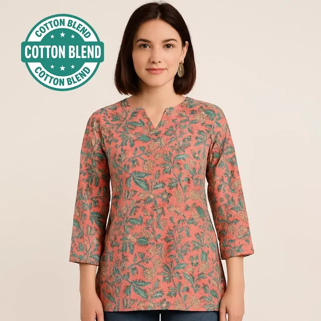 Cotton Floral Print Short Kurti for Women (Multicolor, XS)