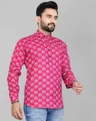 Cotton Blend Printed Short Kurta for Men 