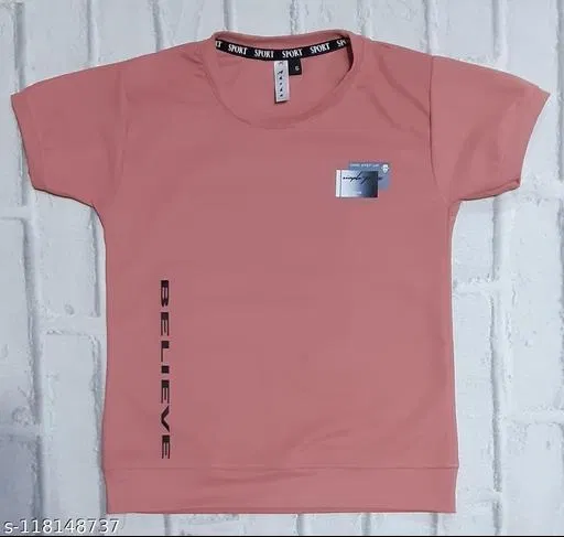 Cotton Blend Round Neck Printed T-Shirt for Boys (Peach, 12-13 Years)