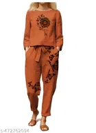 Cotton Blend Butterfly Print Top with Matching Pant Set for Women 