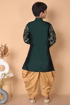 Dupion Silk Embellished Kurta with Dhoti for Boys, Bottle Green & Beige 