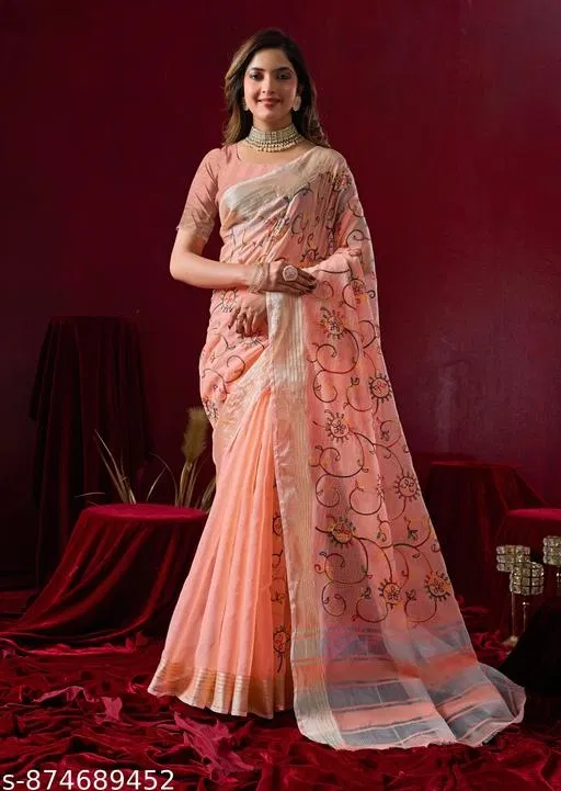 Thread Embroidery Kota Doria Cotton Saree for Women (Multicolor)