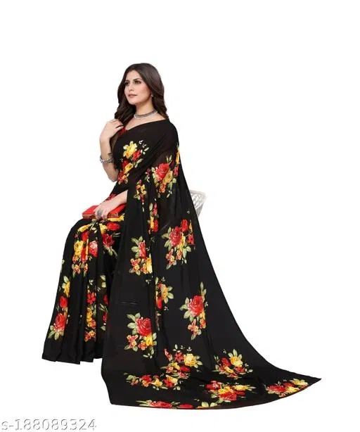 Georgette Printed Saree for Women, Black (6.3 m)