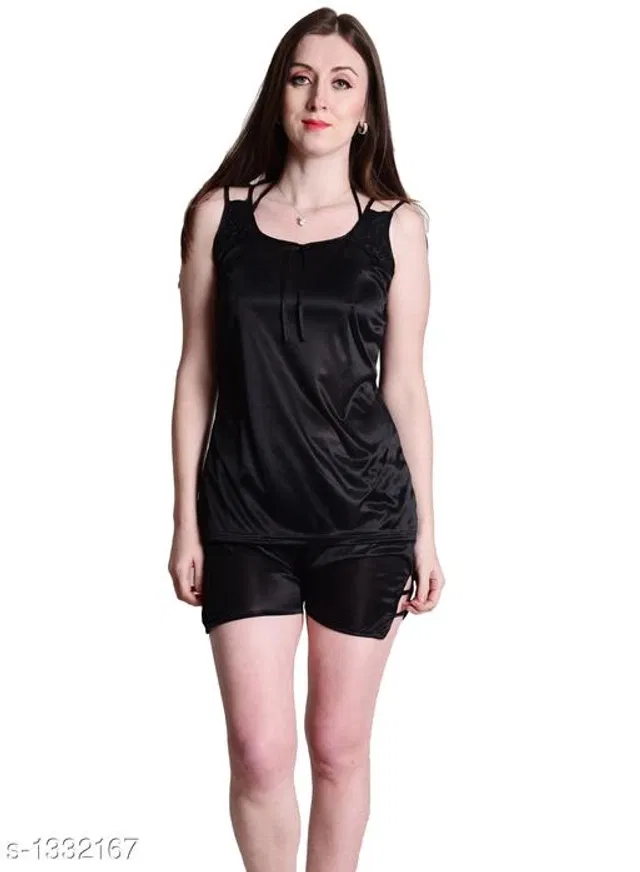 Satin Nightdress Set for Women (Black, XL)