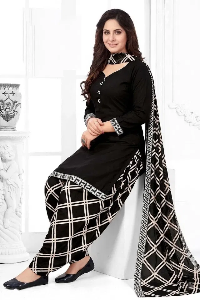 Floral Unstitched Punjabi Suit for Women (Black, Free size)