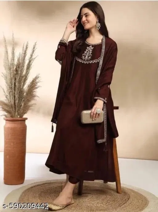 Solid Flared Kurta Set for Women (Maroon, L)
