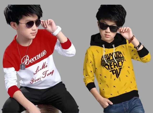 Combo of Cotton Round Neck Printed T-Shirt & Hoodie for Boys (Red & Mustard, 4-5 Years) (Pack of 2)
