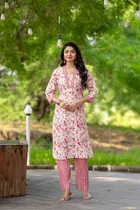 Cotton Blend Floral Print Kurta with Pant for Women 