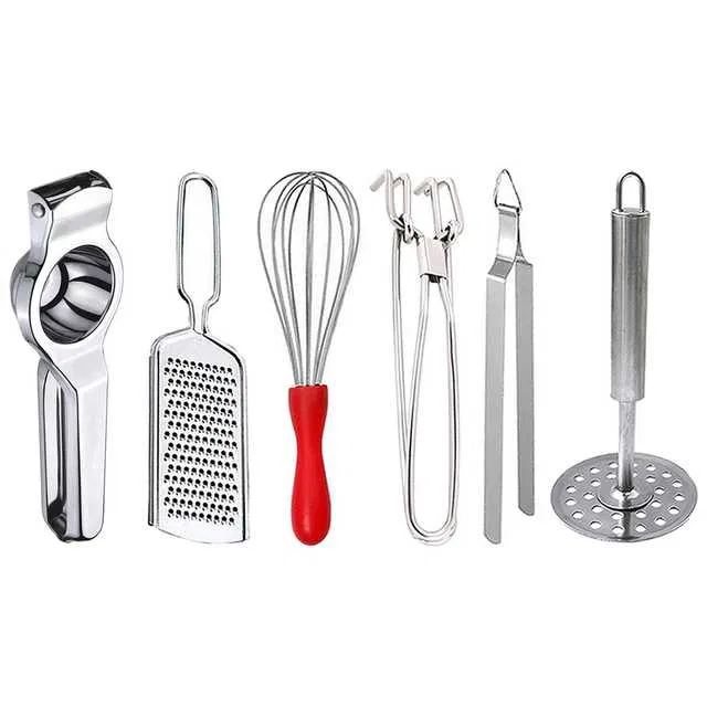 Oc9 Stainless Steel Lemon Squeezer & Cheese Grater & Egg Whisk & Pakkad & Roti Chimta & Potato Masher Kitchen Tool Set (O-143)