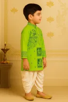 Cotton Printed Kurta with Dhoti for Boys, Green & White 