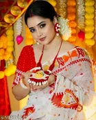Cotton Lien Printed Saree for Women, White 