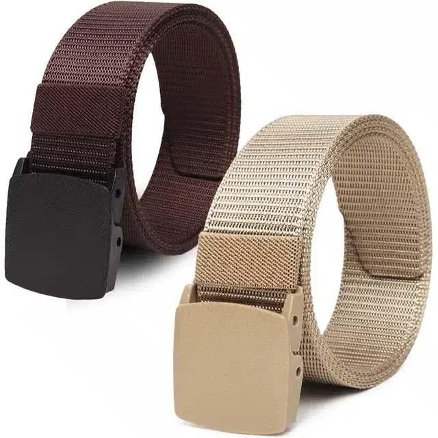 Casual Nylon Belts for Men (Brown & Cream, Pack of 2)
