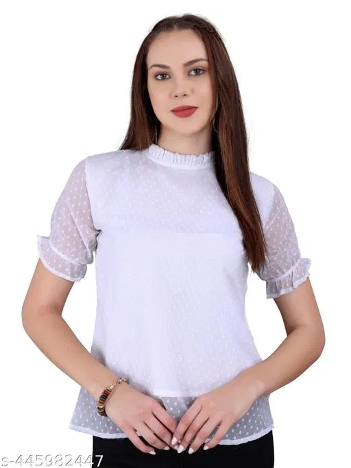 Casual Georgette Top for Women (White, S)
