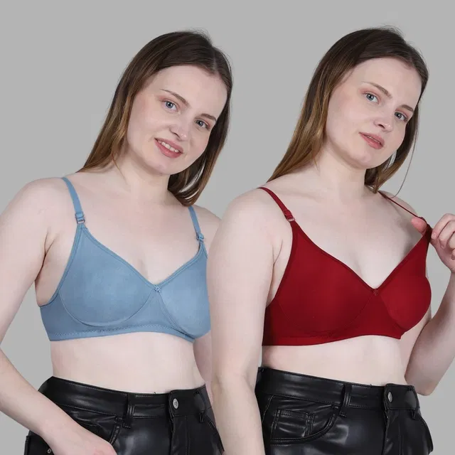 Cotton Solid Non Padded Bra for Women, Multicolour, Pack of 2 (34B)