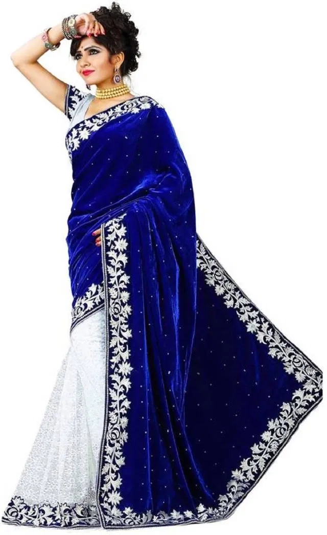 Velvet Embellished Saree for Women (Blue, 6.3 m)