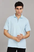 Cotton Blend Polo Neck T-Shirt for Men (Sky Blue, M)