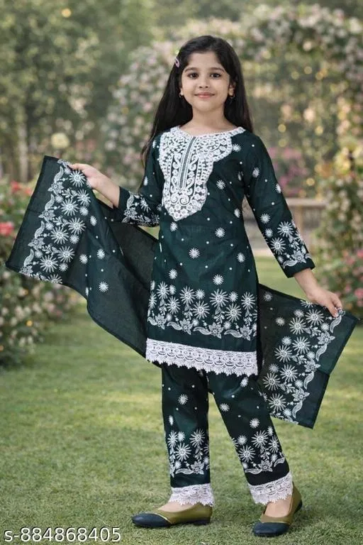 Cotton Kurta Set for Girls (Green, 2-3 Years)