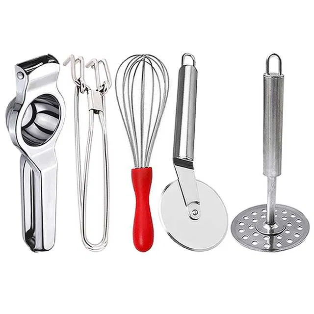 Stainless Steel Lemon Squeezer & Pakkad & Egg Whisk & Pizza Cutter & Potato Masher For Kitchen (Set of 5) (OC-068)