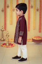 Dupion Silk Printed Kurta with Payjama for Boys, Wine & White 