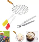 Stainless Steel Round Roasting Net with Tong, Oil Brush and Spatula (Silver, Set of 4)