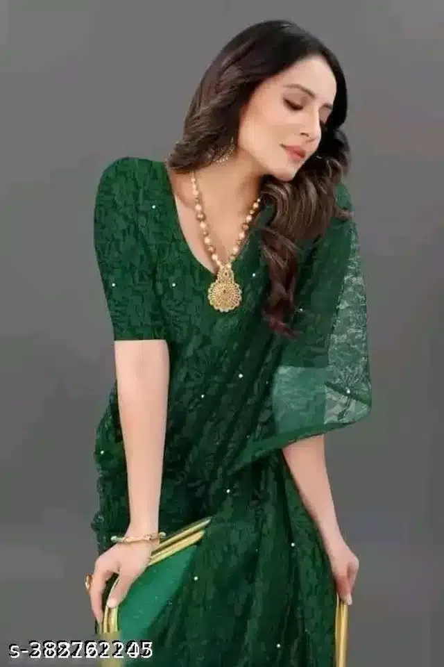 Net Saree for Women (Bottle Green, 6.3 m)