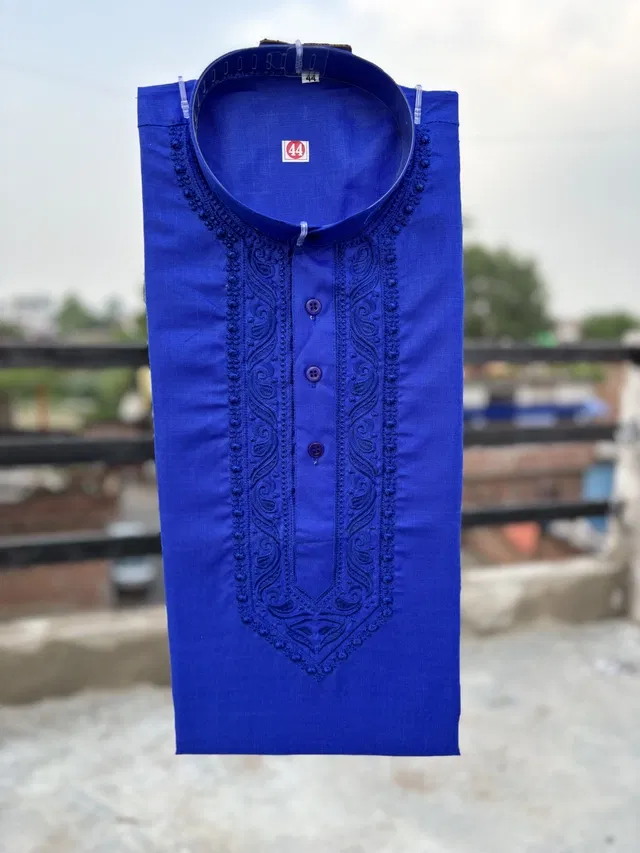 Cotton Embroidered Kurta for Men (Royal Blue, L)