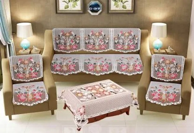 Cotton Floral Sofa With Table Cover Set (Multicolor, Pack Of 7)