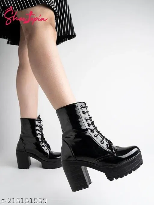 Shoetopia Solid Patent Leather Block Boots Black (IND-6)