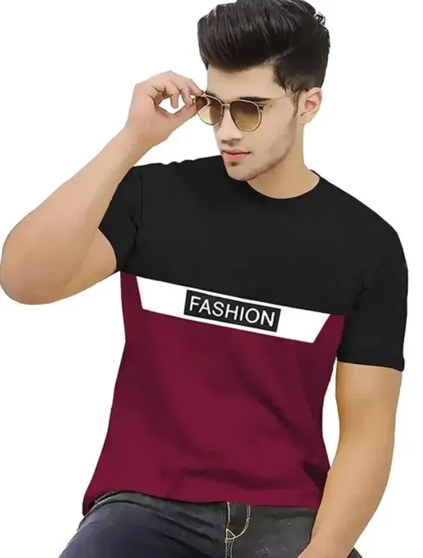 Round Neck Colorblocked T-Shirt for Men (Multicolor, L)