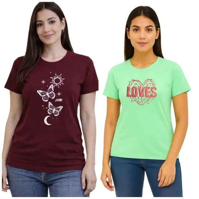 Cotton Blend T-shirt for Women, Maroon & Green, Pack of 2 (M)
