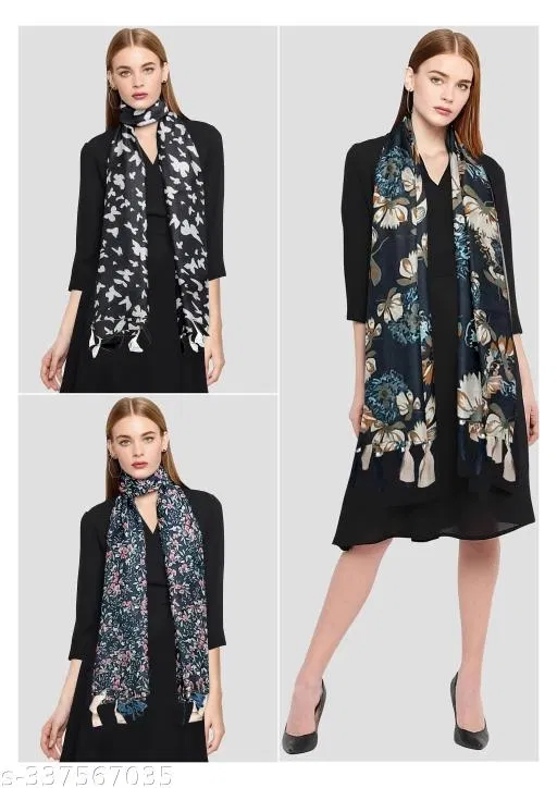 Poly Chiffon Printed Scarves for Women, Multicolor, Pack of 3