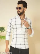 Cotton Blend Checked Shirts for Men, White 