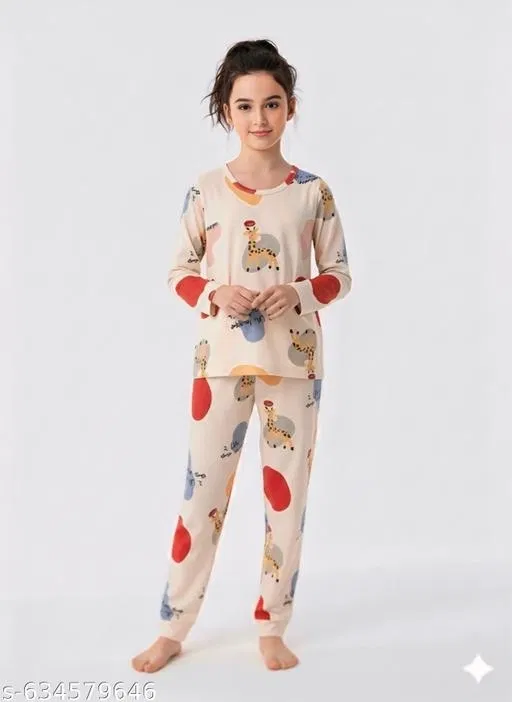 Cotton Blend Night Suit for Girls (Cream, 12-13 Years)