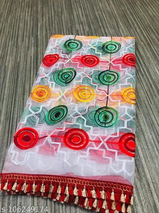 Floral Applique Embroidered Net Dupatta for Women (White, Free Size)