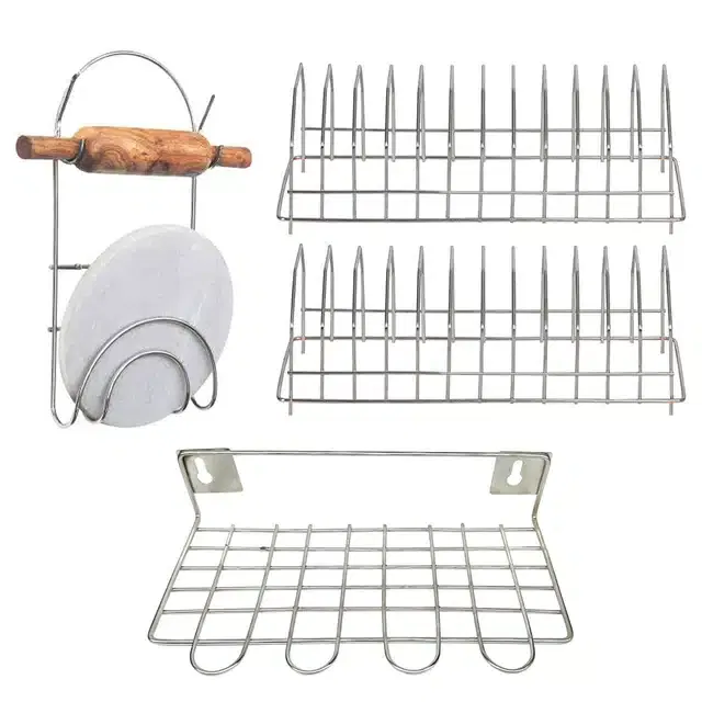 2 Pcs Stainless Steel Dish Rack & Chakla Belan Stand with Hooks & Ladle Stand (Set of 4, Silver)