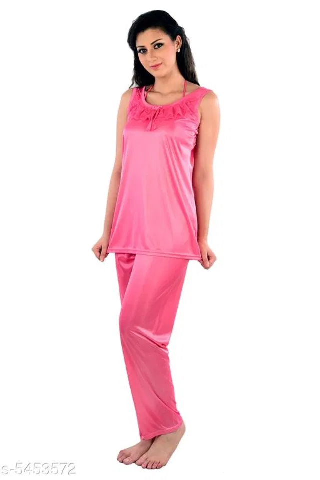 Satin Nightsuit Set for Women (Pink, Free Size)