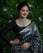 Litchi Silk Zari Woven Saree for Women, Black 