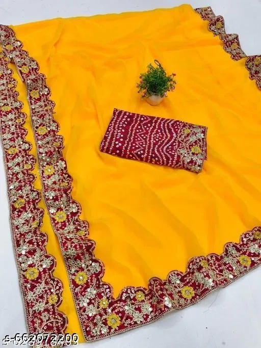 Georgette Printed Saree For Women, Yellow