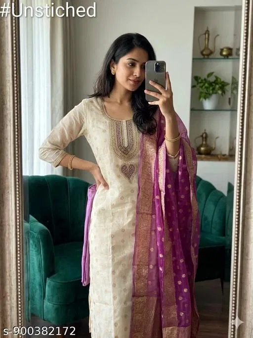 Silk Blend Embroidered Punjabi/All Over Suits for Women (7.05 meter (4XL)