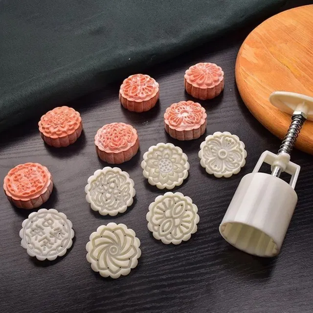 Plastics Moon Cake Moulds With 5 Press Stamps, Multicolour, Set of 1