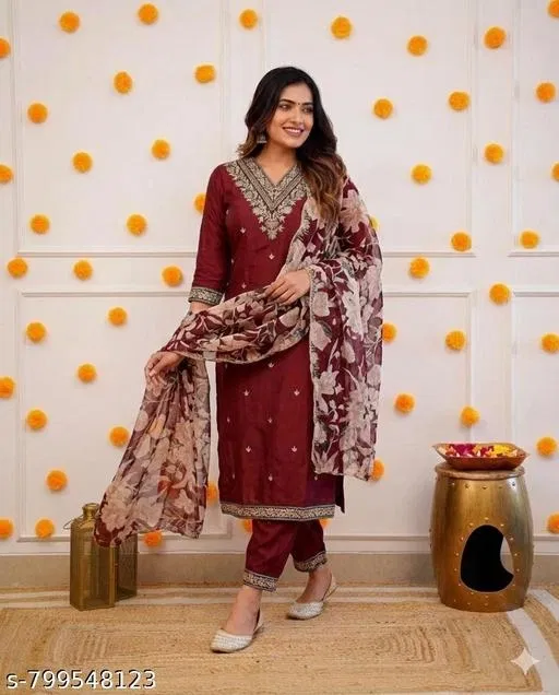 Kurta Set for Women (Maroon, L)