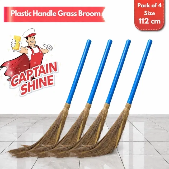 Captain Shine Grass Broom with Plastic Handle, 4x350g [Net], 112cm (Pack of 4)