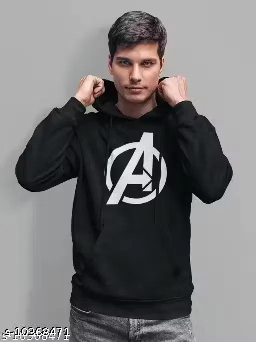 Fleece Printed Hoodie for Men, Black (XXL)